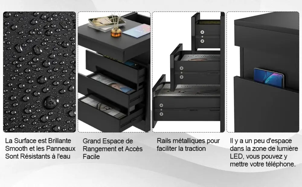 Table de chevet avec station de charge – 3 tiroirs et rangement secret - Table de chevet