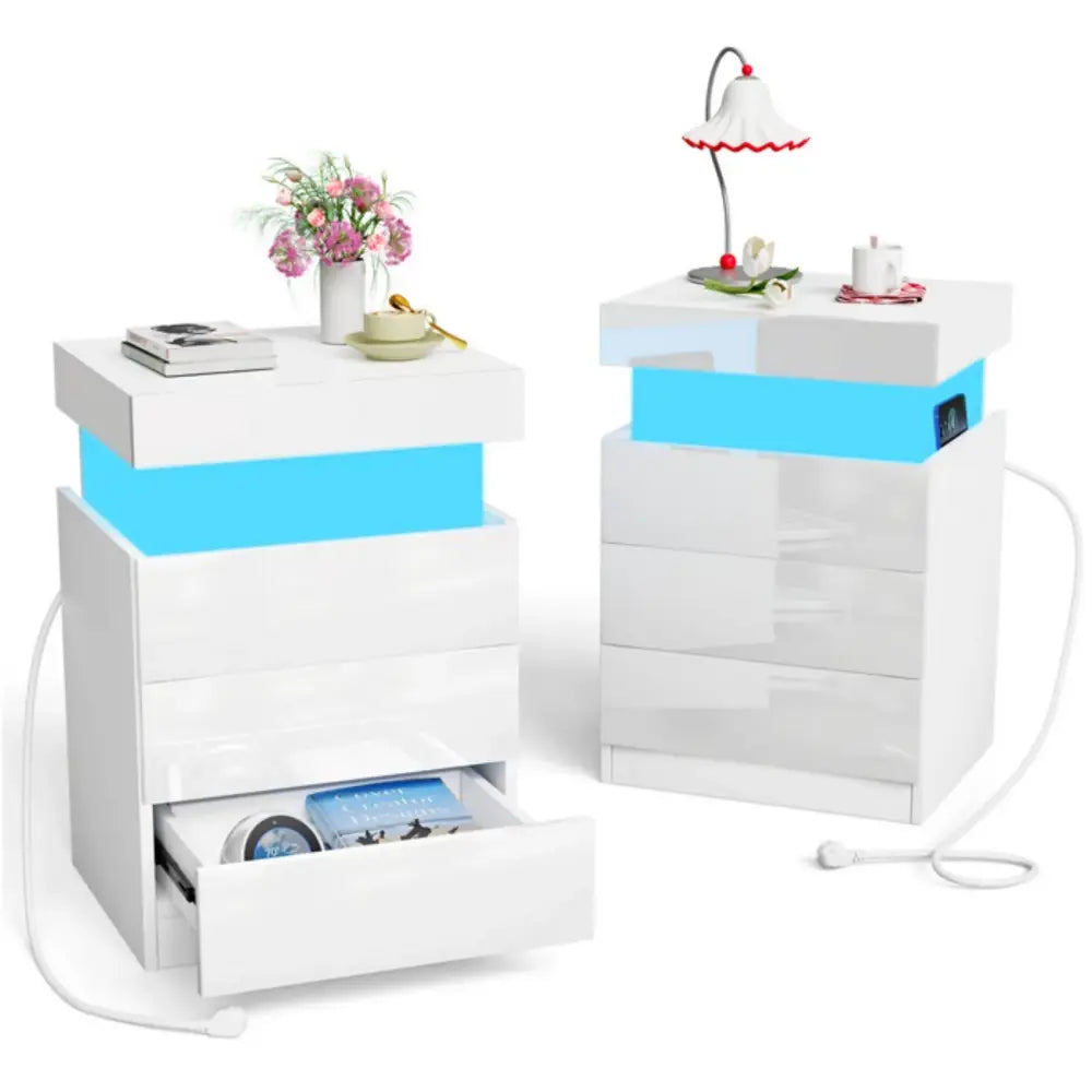 Table de chevet avec station de charge – 3 tiroirs et rangement secret - Style A – blanc / France - Table de chevet