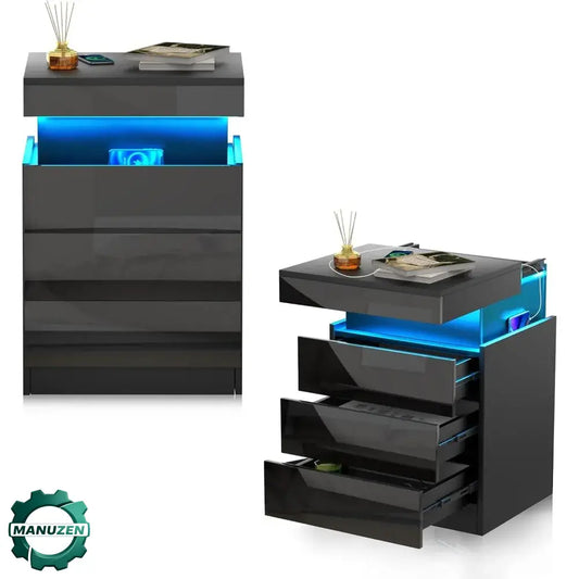 Table de chevet avec station de charge – 3 tiroirs et rangement secret - Style A – noir / France - Table de chevet