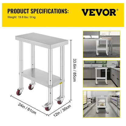 Table De Travail En Acier Inoxydable Avec Roulettes Pour Cuisine - 24 x 12 inch / France