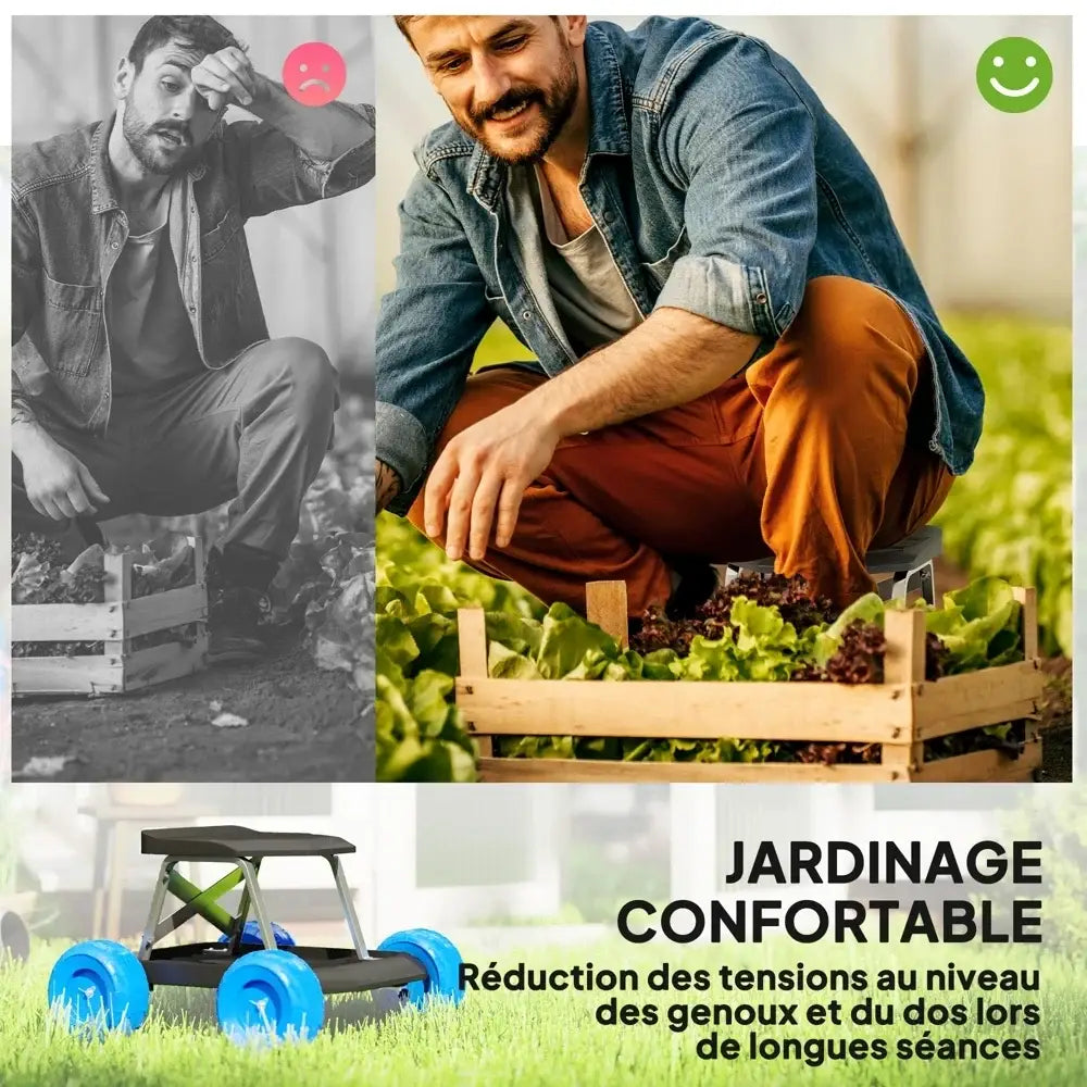 Tabouret de jardin roulant avec plateau porte-outils - France - Tabouret de jardin roulant