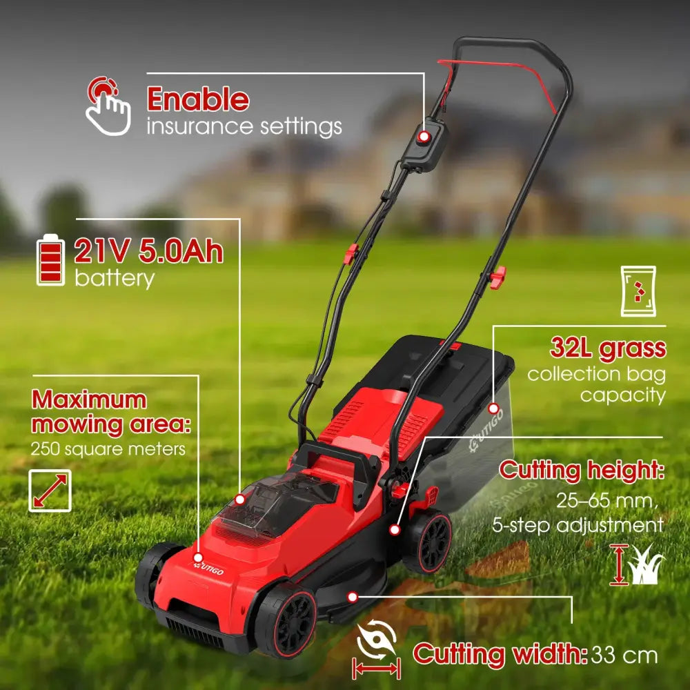 Tondeuse à gazon sans fil 21 V 33 cm et silencieuse 32 L