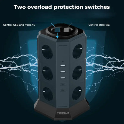 Tour multiprise 12 prises USB-C – 4000 W câble 2 m - 12 prises + 3 USB-A + 2 USB-C / Prise européenne / France