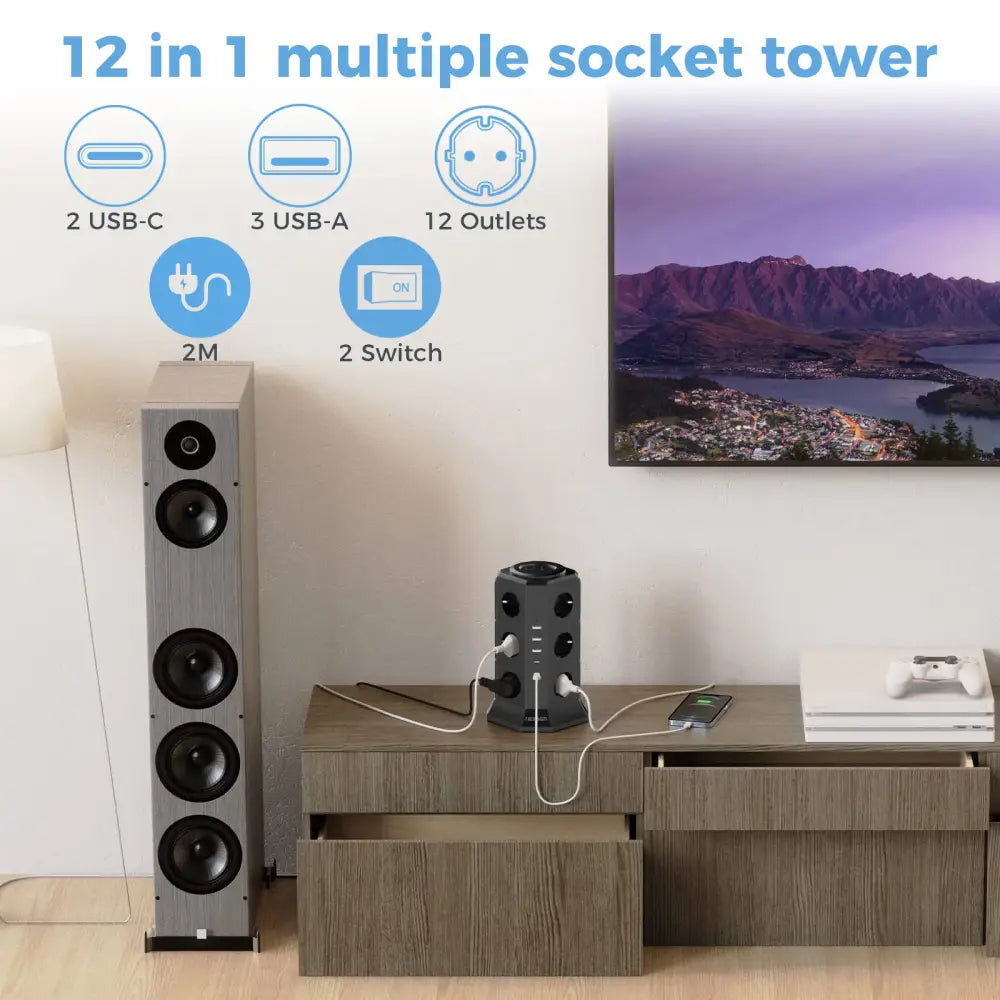 Tour multiprise 12 prises USB-C – 4000 W câble 2 m - 12 prises + 3 USB-A + 2 USB-C / Prise européenne / France