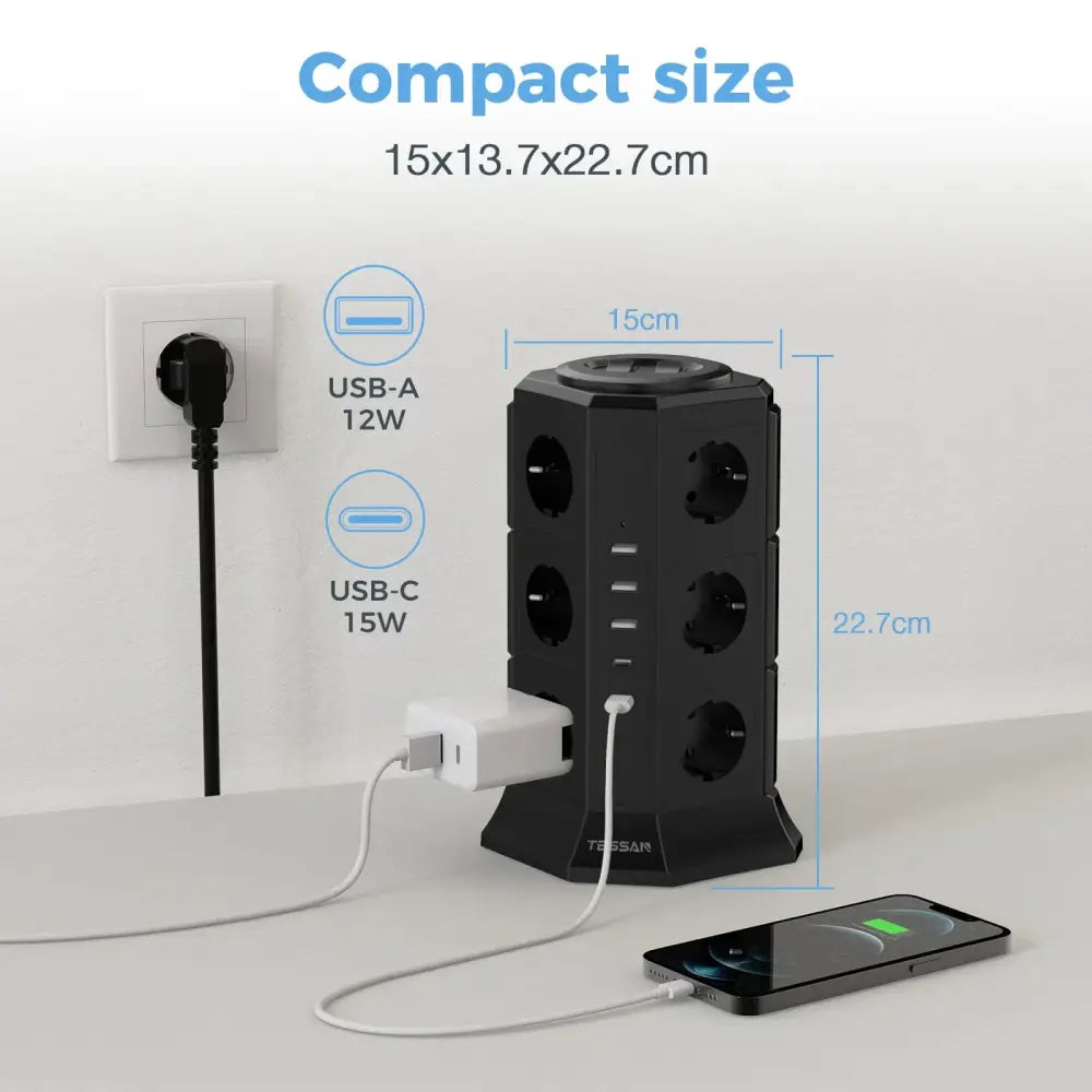 Tour multiprise 12 prises USB-C – 4000 W câble 2 m - 12 prises + 3 USB-A + 2 USB-C / Prise européenne / France