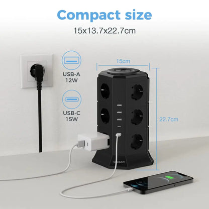 Tour multiprise 12 prises USB-C – 4000 W câble 2 m - 12 prises + 3 USB-A + 2 USB-C / Prise européenne / France