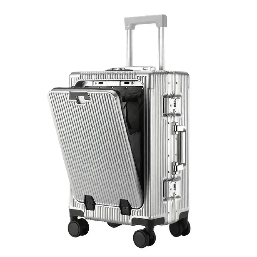 Valise Cabine Ouverture Frontale Roulante Grande Capacité USB Porte Gobelets Gris clair 55 cm