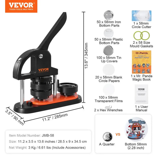 VEVOR Machine à Boutons 25 32 58 Broches Presse Ergonomique Kit Complet JMB-58 100 Buttons France