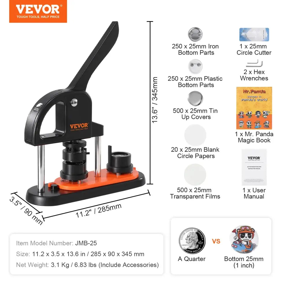 VEVOR Machine à Boutons 25 32 58 Broches Presse Ergonomique Kit Complet JMB-25 500 Buttons France